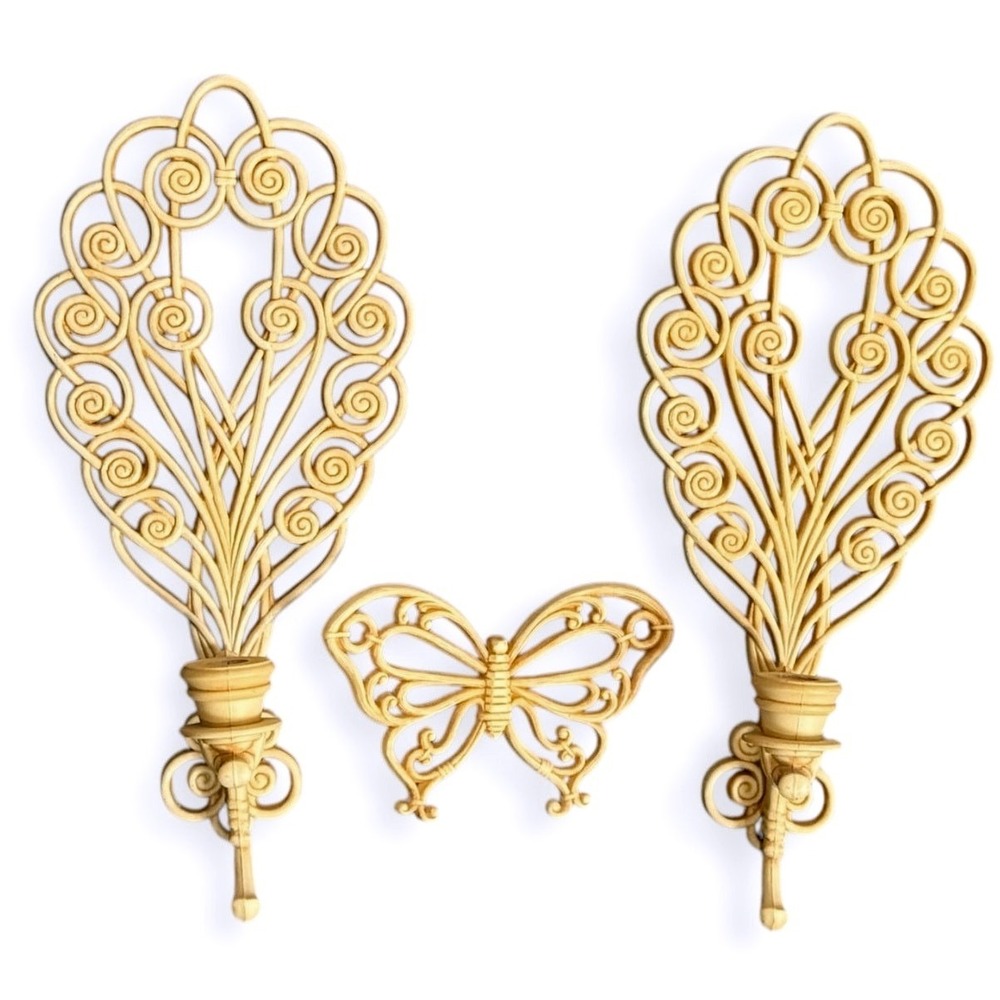 Vintage Burwood Syroco Wall Decor Set Butterfly Fan Plaques Hollywood Regency - Picture 2 of 13